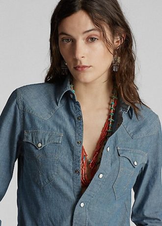 Blaue Ralph Lauren Indigo Chambray Westernhemden für Damen