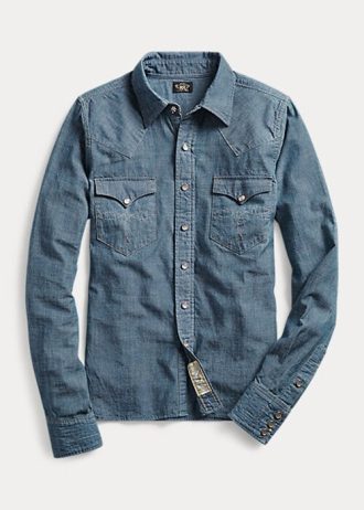 Blaue Ralph Lauren Indigo Chambray Westernhemden für Damen