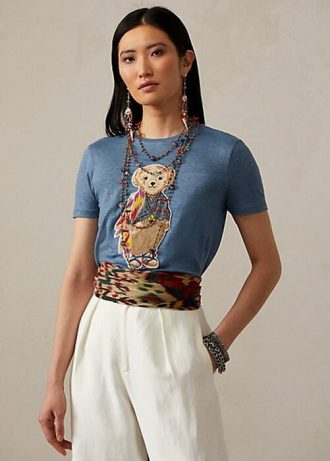 Blaue Ralph Lauren Island Polo Bear Baumwoll-T-Shirts für Damen