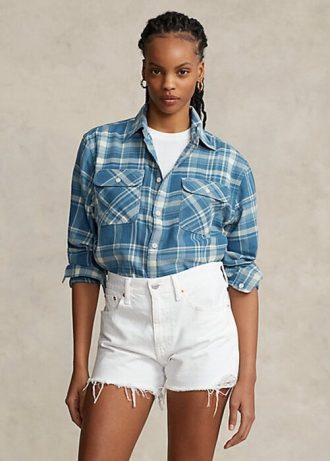 Blaue Ralph Lauren Karierte High-Low-Hemden aus Baumwolltwill für Damen