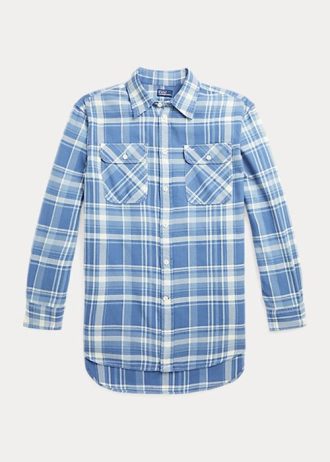 Blaue Ralph Lauren Karierte High-Low-Hemden aus Baumwolltwill für Damen