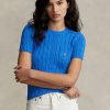 Blaue Ralph Lauren Kurzarmpullover aus Baumwolle mit Zopfmuster für Damen Blaue Ralph Lauren Kurzarmpullover aus Baumwolle mit Zopfmuster für Damen