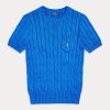 Blaue Ralph Lauren Kurzarmpullover aus Baumwolle mit Zopfmuster für Damen Blaue Ralph Lauren Kurzarmpullover aus Baumwolle mit Zopfmuster für Damen