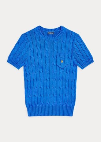 Blaue Ralph Lauren Kurzarmpullover aus Baumwolle mit Zopfmuster für Damen