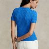 Blaue Ralph Lauren Kurzarmpullover aus Baumwolle mit Zopfmuster für Damen Blaue Ralph Lauren Kurzarmpullover aus Baumwolle mit Zopfmuster für Damen