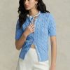 Blaue Ralph Lauren Kurzarmpullover mit Zopfmuster für Damen Blaue Ralph Lauren Kurzarmpullover mit Zopfmuster für Damen