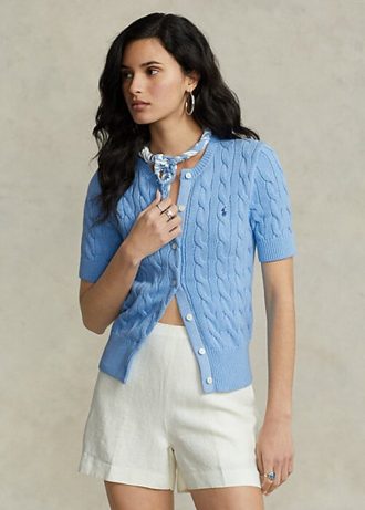 Blaue Ralph Lauren Kurzarmpullover mit Zopfmuster für Damen