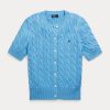 Blaue Ralph Lauren Kurzarmpullover mit Zopfmuster für Damen Blaue Ralph Lauren Kurzarmpullover mit Zopfmuster für Damen