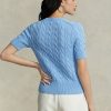 Blaue Ralph Lauren Kurzarmpullover mit Zopfmuster für Damen Blaue Ralph Lauren Kurzarmpullover mit Zopfmuster für Damen