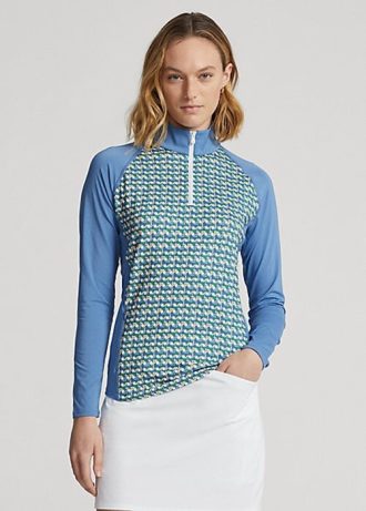 Blaue Ralph Lauren Print Jersey-Sweatshirts mit Viertelreißverschluss für Damen