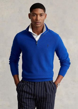 Blaue Ralph Lauren Pullover aus Baumwolle mit Viertelreißverschluss und Netzstrick für Herren