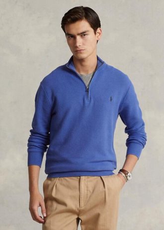 Blaue Ralph Lauren Pullover aus Baumwolle mit Viertelreißverschluss und Netzstrick für Herren