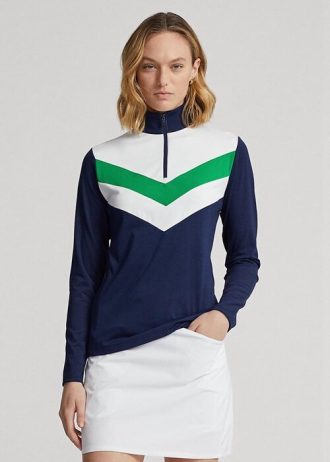Blaue Ralph Lauren Pullover mit Chevron-Streifen und Viertelreißverschluss für Damen