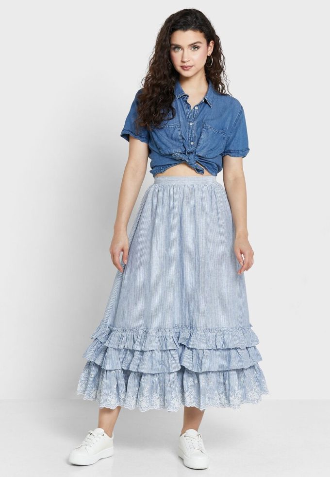 Blaue Ralph Lauren Röcke mit Rüschen und hoher Taille für Damen