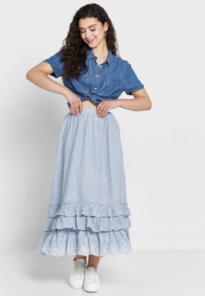 Blaue Ralph Lauren Röcke mit Rüschen und hoher Taille für Damen