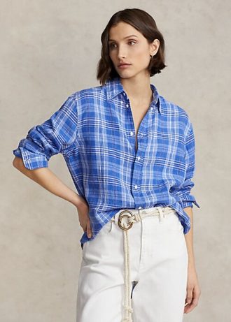 Blaue Ralph Lauren Relaxed Fit Karierte Leinenhemden für Damen