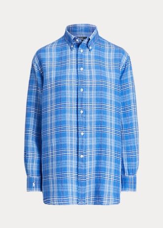 Blaue Ralph Lauren Relaxed Fit Karierte Leinenhemden für Damen