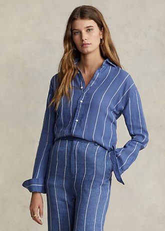 Blaue Ralph Lauren Relaxed Fit Leinenhemden mit Streifen für Damen