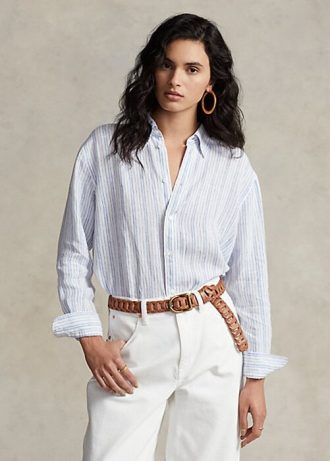 Blaue Ralph Lauren Relaxed Fit Leinenhemden mit Streifen für Damen
