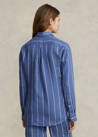 Blaue Ralph Lauren Relaxed Fit Leinenhemden mit Streifen für Damen