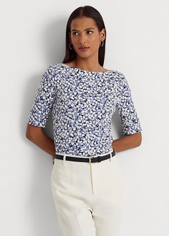 Blaue Ralph Lauren T-Shirts aus Stretch-Baumwolle mit Blumenmuster für Damen