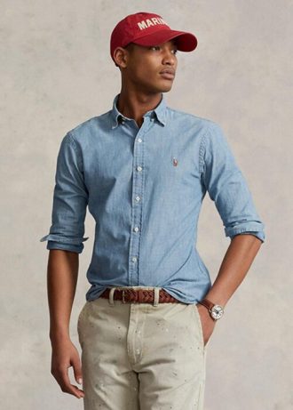 Blaue Slim Fit Chambray-Hemden für Herren von Ralph Lauren