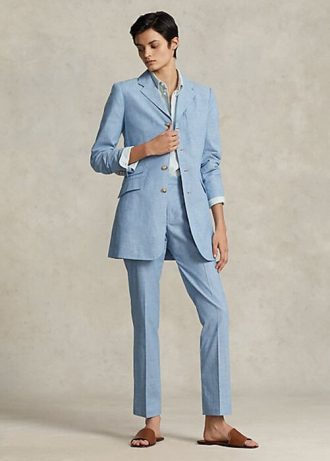 Blaue, verkürzte Chambray-Kick-Flare-Hose von Ralph Lauren für Damen