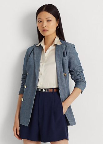 Blaue Zweireihige Chambray-Blazer von Ralph Lauren für Damen