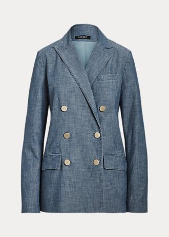 Blaue Zweireihige Chambray-Blazer von Ralph Lauren für Damen