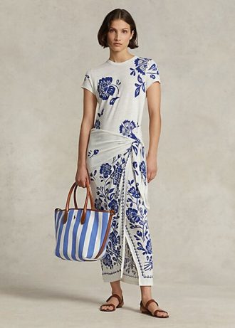 Blaues Jersey-Wickelkleid mit Blumenmuster von Ralph Lauren für Damen