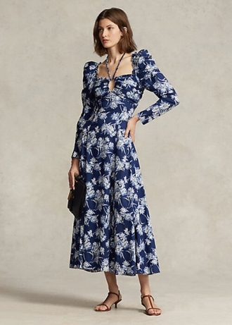 Blaues Neckholder-Kleid aus Baumwolle mit Blumenmuster von Ralph Lauren für Damen