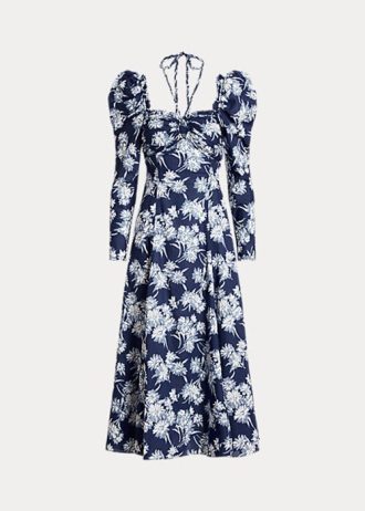 Blaues Neckholder-Kleid aus Baumwolle mit Blumenmuster von Ralph Lauren für Damen