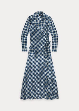 Blaues Wickelkleid aus kariertem Baumwollvoile von Ralph Lauren für Damen
