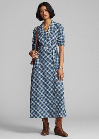 Blaues Wickelkleid aus kariertem Baumwollvoile von Ralph Lauren für Damen
