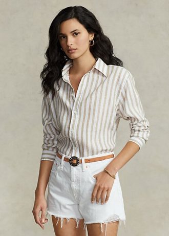 Braun / Weiß Damen Ralph Lauren Relaxed Fit Gestreifte Leinenhemden