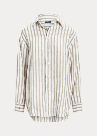 Braun / Weiß Damen Ralph Lauren Relaxed Fit Gestreifte Leinenhemden