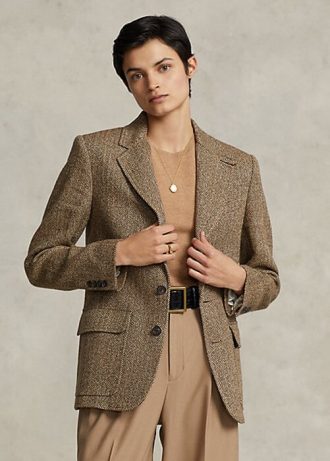 Braune Blazer aus Leinenmischung mit Fischgrätenmuster für Damen von Ralph Lauren