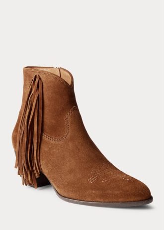 Braune Damenstiefel von Ralph Lauren Lucille mit Fransenbesatz aus Wildleder