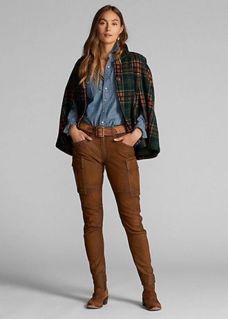 Braune, enge Cargohose aus Leder von Ralph Lauren für Damen