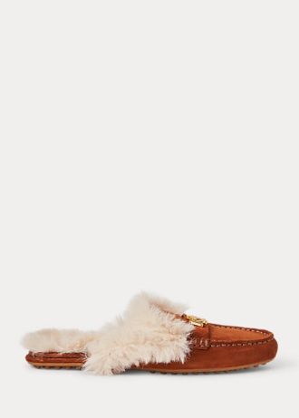 Braune flache Schuhe aus Wildleder mit Kunstpelzbesatz für Damen von Ralph Lauren Savanah