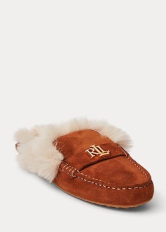 Braune flache Schuhe aus Wildleder mit Kunstpelzbesatz für Damen von Ralph Lauren Savanah