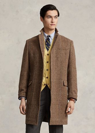 Braune Herrenmäntel aus leichter Wolle mit Fischgrätenmuster von Ralph Lauren