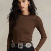 Braune Langarm-T-Shirts mit geripptem Wildlederbesatz von Ralph Lauren für Damen Braune Langarm-T-Shirts mit geripptem Wildlederbesatz von Ralph Lauren für Damen