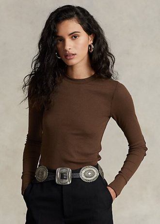 Braune Langarm-T-Shirts mit geripptem Wildlederbesatz von Ralph Lauren für Damen