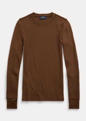Braune Langarm-T-Shirts mit geripptem Wildlederbesatz von Ralph Lauren für Damen