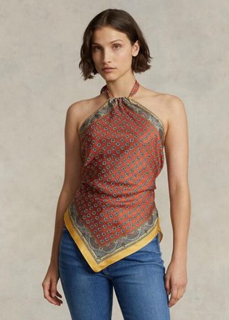 Braune Neckholder-Tops aus Maulbeerseide mit Schalmotiv für Damen von Ralph Lauren