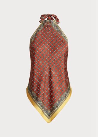 Braune Neckholder-Tops aus Maulbeerseide mit Schalmotiv für Damen von Ralph Lauren
