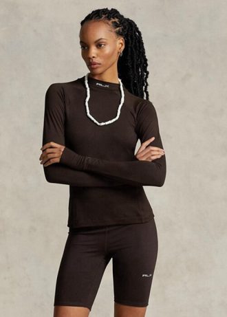 Braune Poloshirts aus Jersey mit langem Arm und Stehkragen für Damen von Ralph Lauren