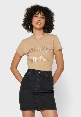 Braune Poloshirts mit Rundhalsausschnitt und Logo für Damen von Ralph Lauren
