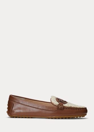 Braune Ralph Lauren Brynn Flache Driver-Schuhe aus Nappaleder für Damen